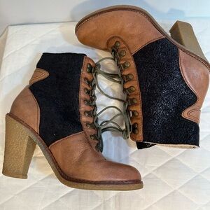 Sam Edelman Tara Womens Sz 8 Lace Up Leather High Block Heel Boots Fleece Lined